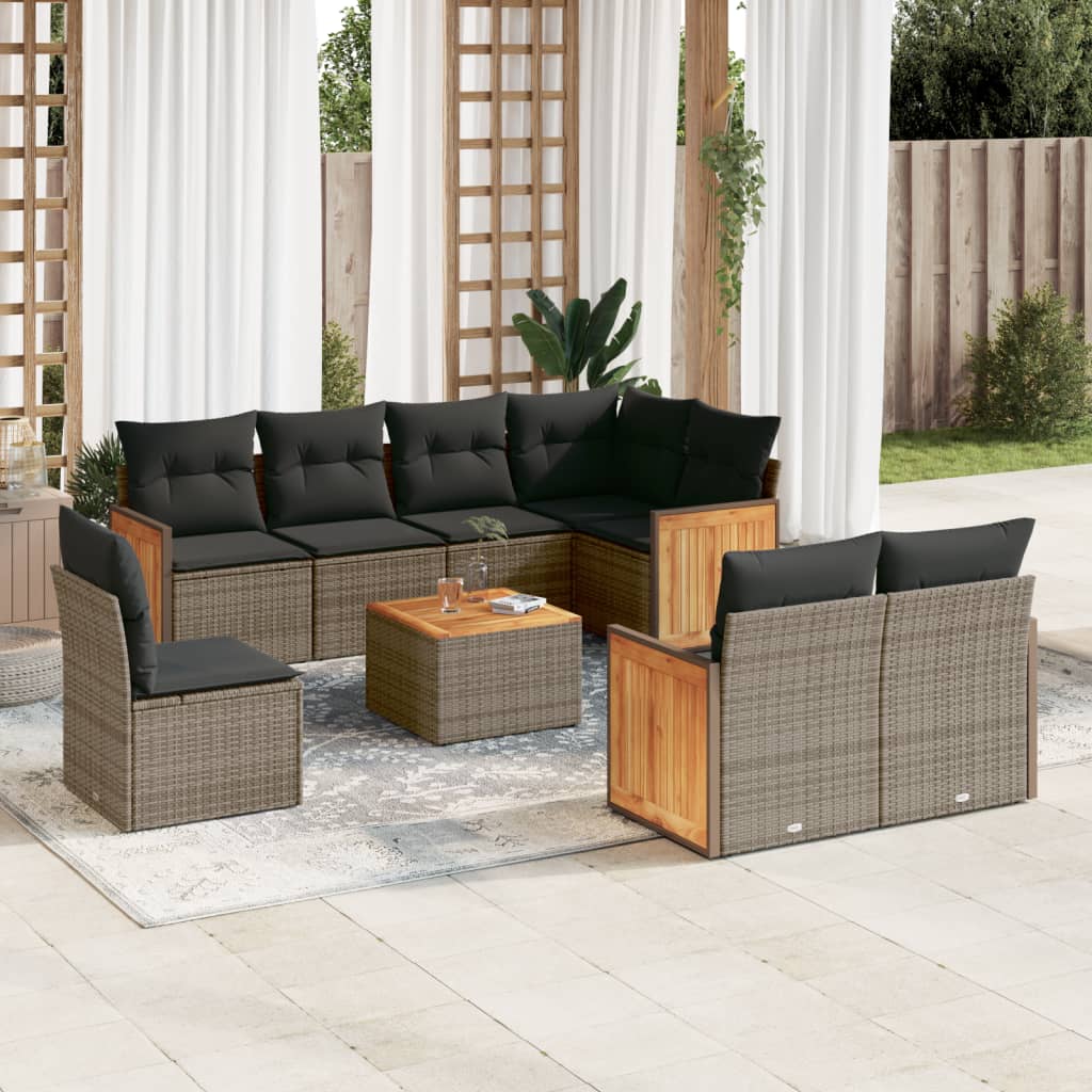 9-teiliges Gartensofa-Set mit Kissen, grau, Polyrattan