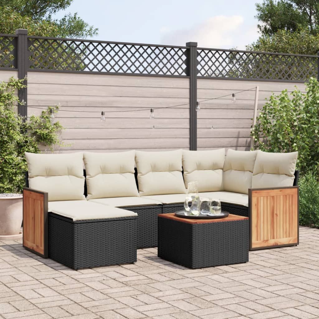 7-tlg. Garten-Sofagarnitur mit Kissen Schwarz Poly Rattan