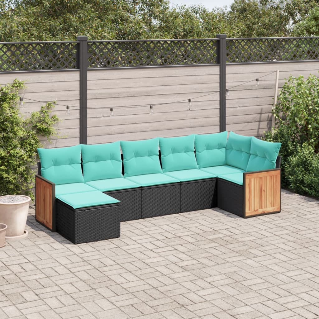 7-teiliges Gartensofa-Set mit Kissen, schwarzes Polyrattan
