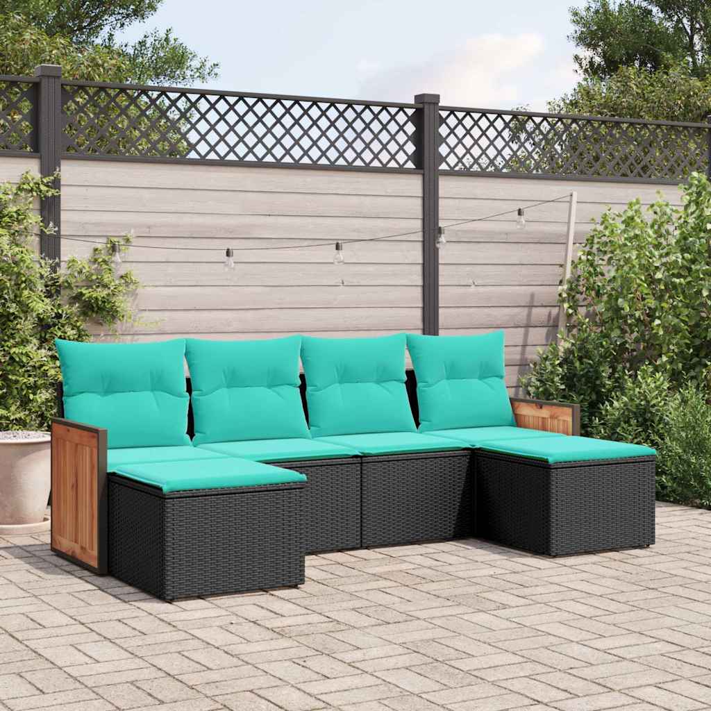 6-teiliges Gartensofa-Set mit Kissen, schwarzes Polyrattan