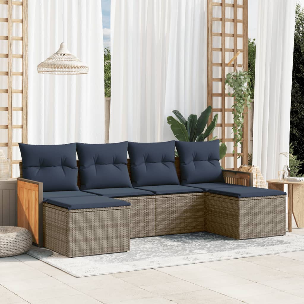 6-teiliges Gartensofa-Set mit Kissen, grau, Polyrattan