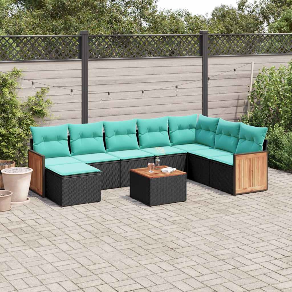 9-teiliges Gartensofa-Set mit Kissen, schwarzes Polyrattan