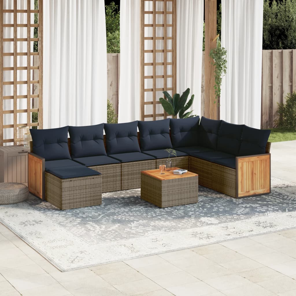 9-teiliges Gartensofa-Set mit Kissen, grau, Polyrattan