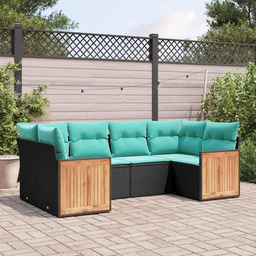 6-teiliges Gartensofa-Set mit Kissen, schwarzes Polyrattan