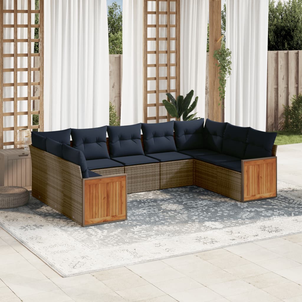 9-teiliges Gartensofa-Set mit Kissen, grau, Polyrattan