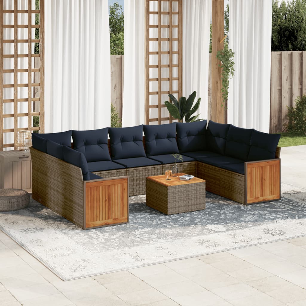 10-teiliges Gartensofa-Set mit Kissen, grau, Polyrattan