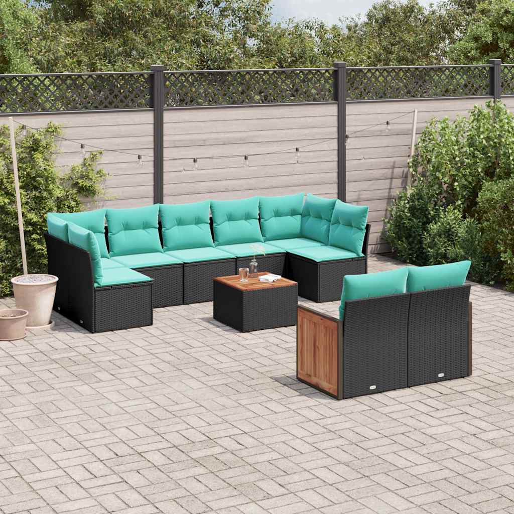 10-teiliges Gartensofa-Set mit Kissen, schwarzes Polyrattan