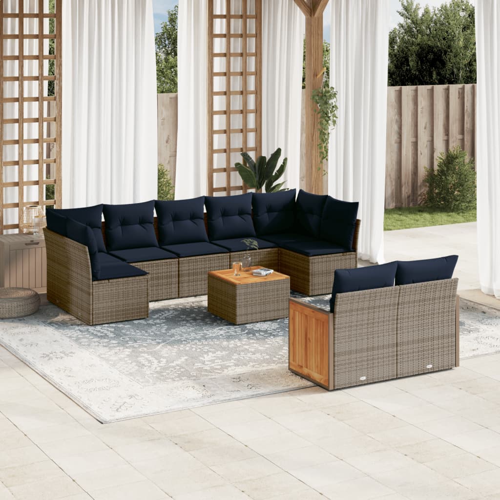 10-teiliges Gartensofa-Set mit Kissen, grau, Polyrattan