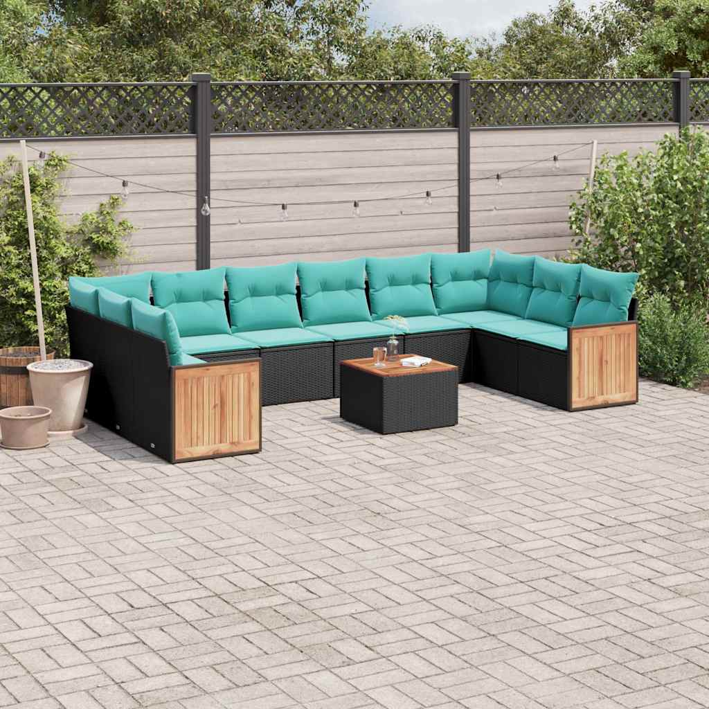 11-teiliges Gartensofa-Set mit Kissen, schwarzes Polyrattan