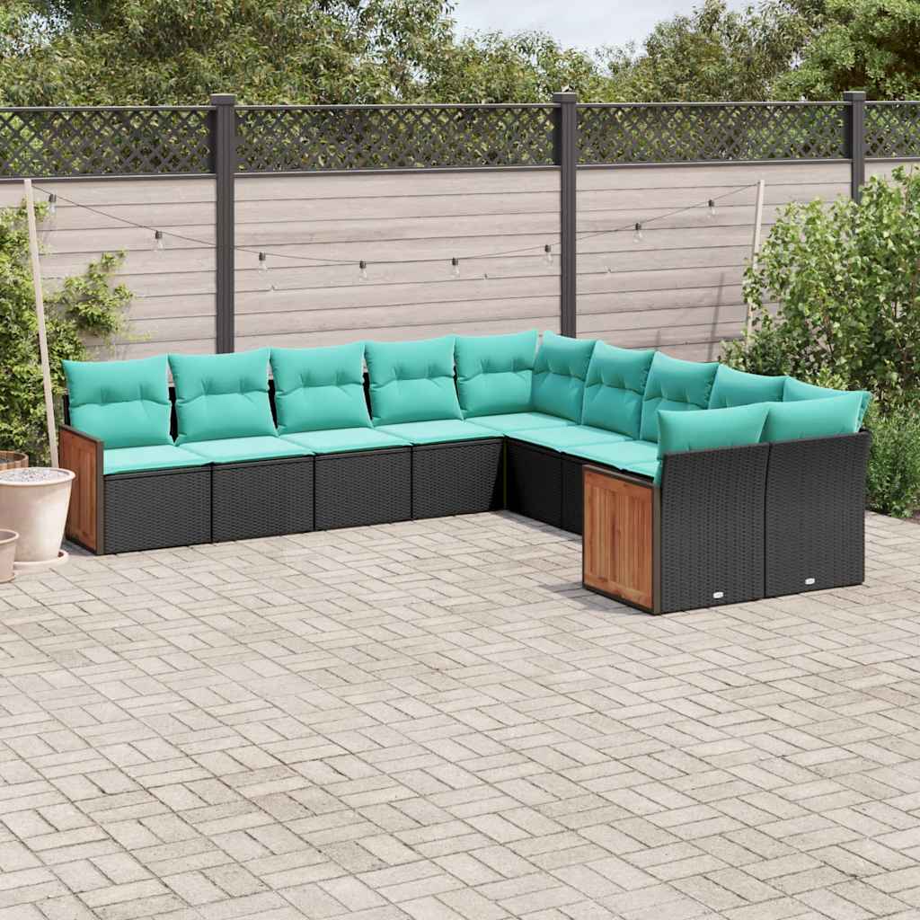 10-teiliges Gartensofa-Set mit Kissen, schwarzes Polyrattan