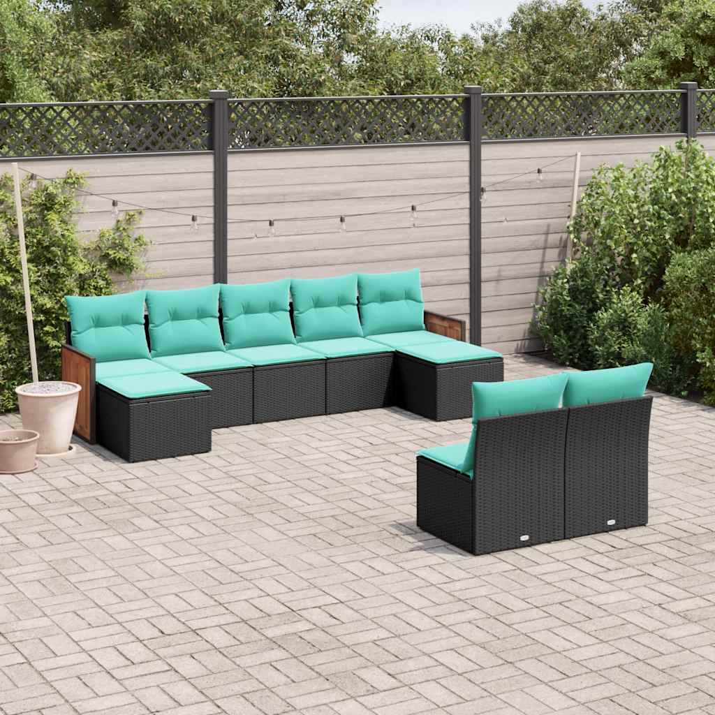 9-teiliges Gartensofa-Set mit Kissen, schwarzes Polyrattan