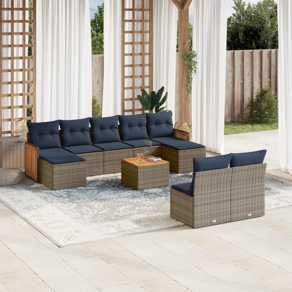 10-teiliges Gartensofa-Set mit Kissen, grau, Polyrattan