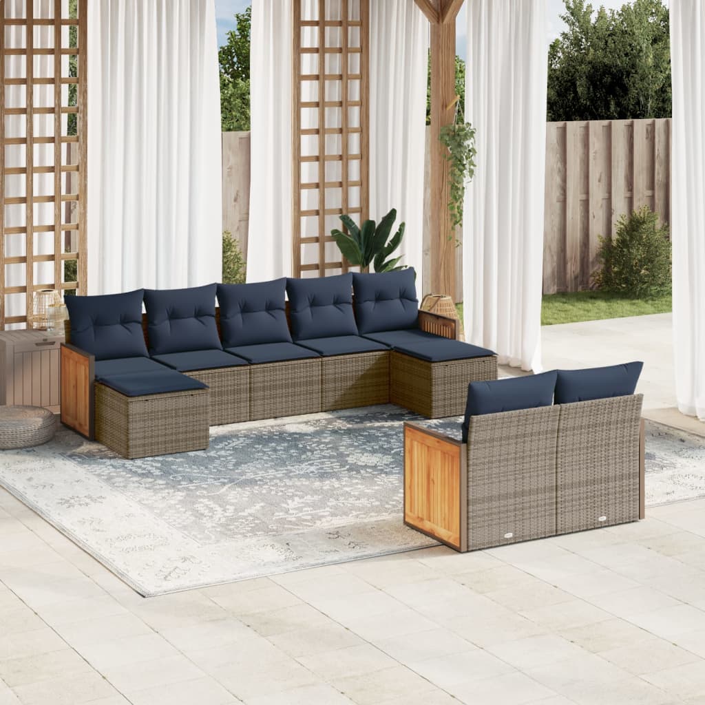 9-teiliges Gartensofa-Set mit Kissen, grau, Polyrattan