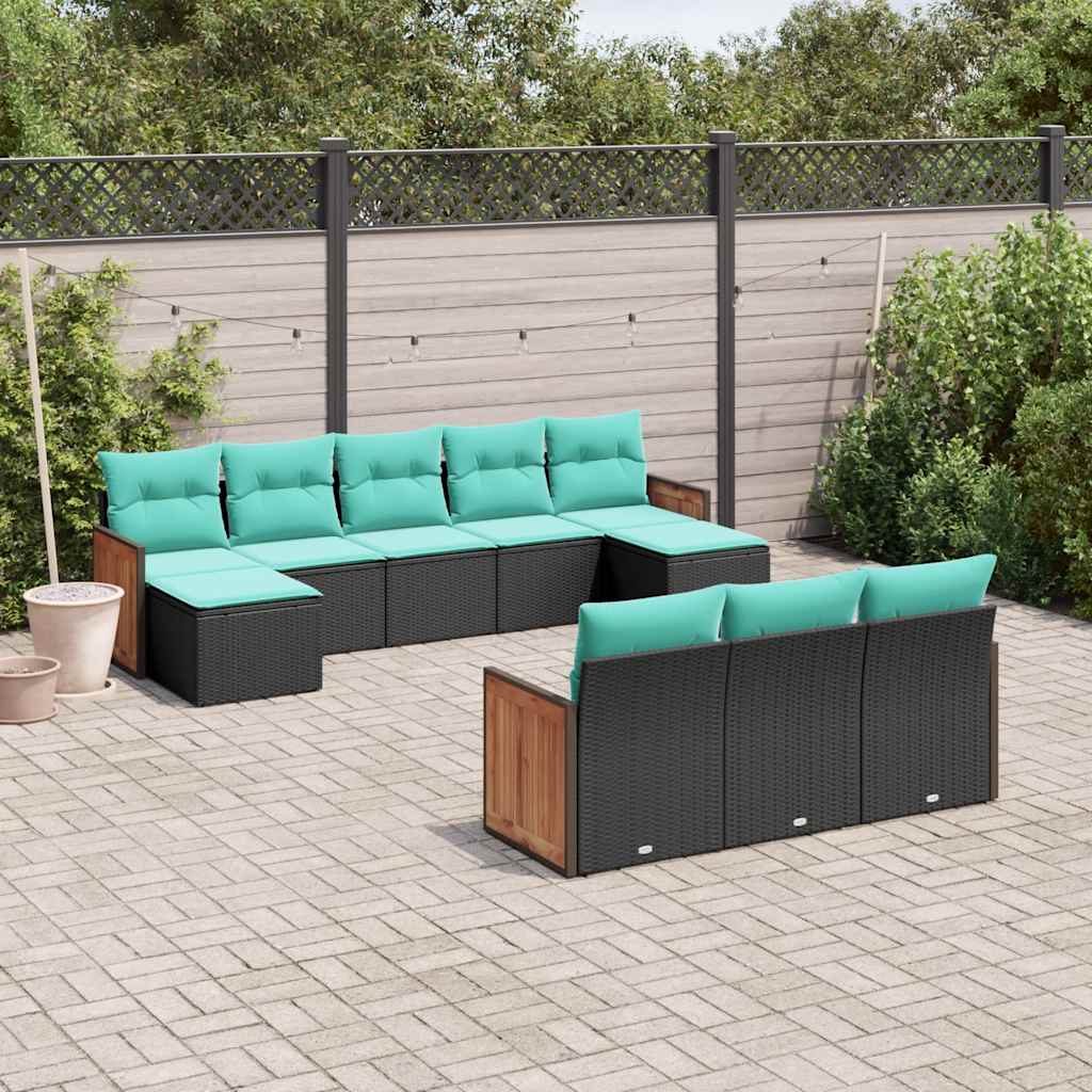 10-teiliges Gartensofa-Set mit Kissen, schwarzes Polyrattan