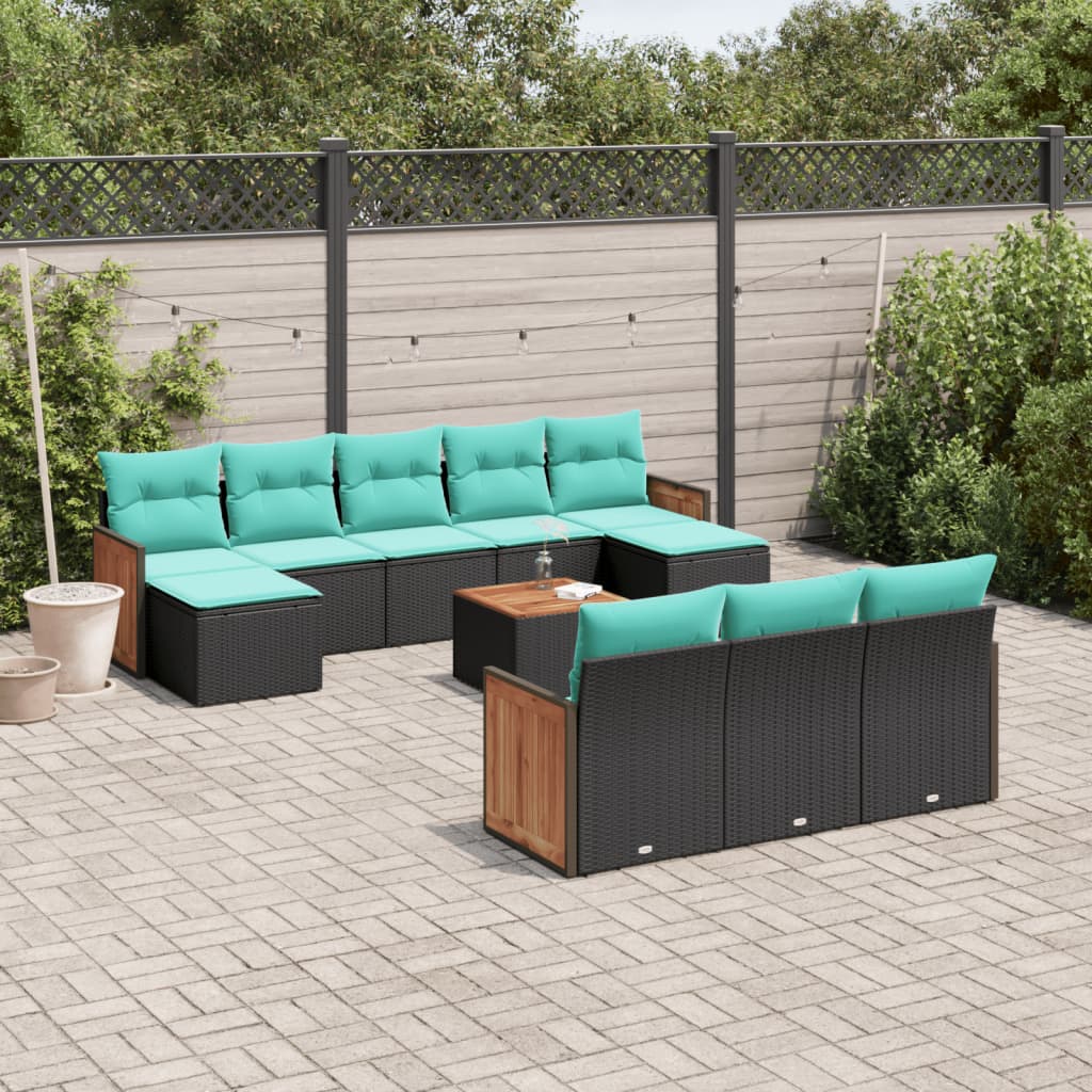 11-teiliges Gartensofa-Set mit Kissen, schwarzes Polyrattan