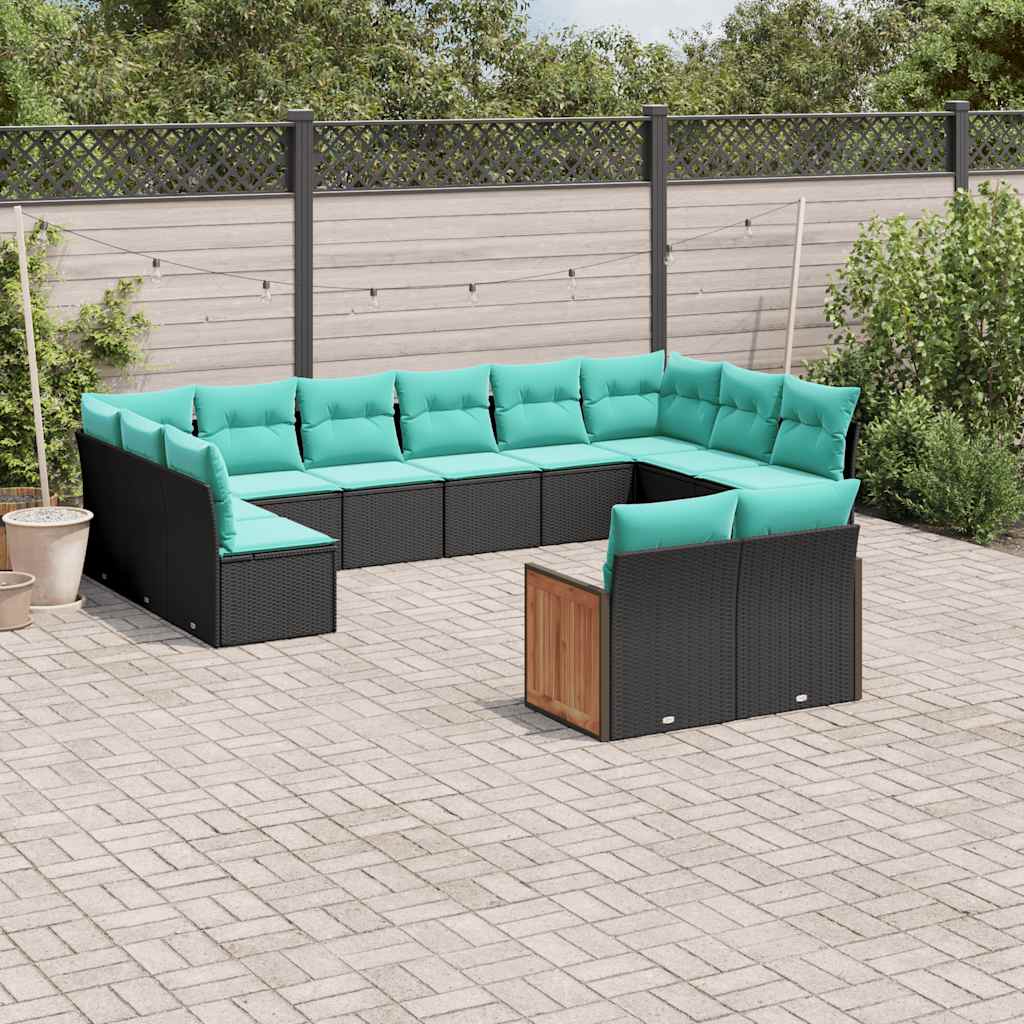 12-teiliges Gartensofa-Set mit Kissen, schwarzes Polyrattan