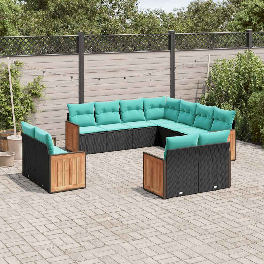 11-teiliges Gartensofa-Set mit Kissen, schwarzes Polyrattan