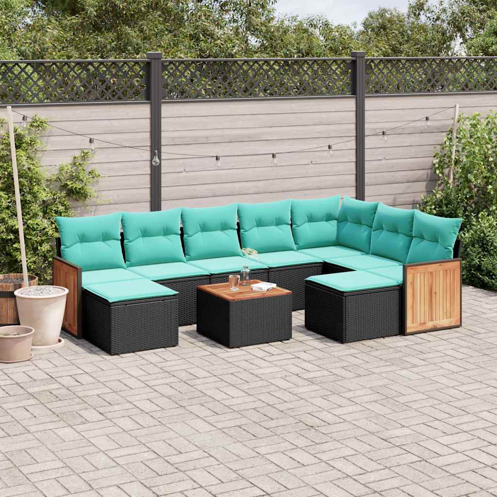 10-teiliges Gartensofa-Set mit Kissen, schwarzes Polyrattan