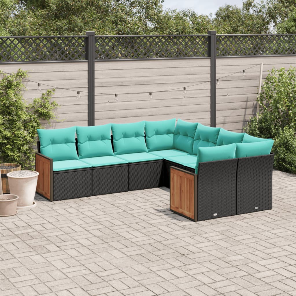 8-teiliges Gartensofa-Set mit Kissen, schwarzes Polyrattan