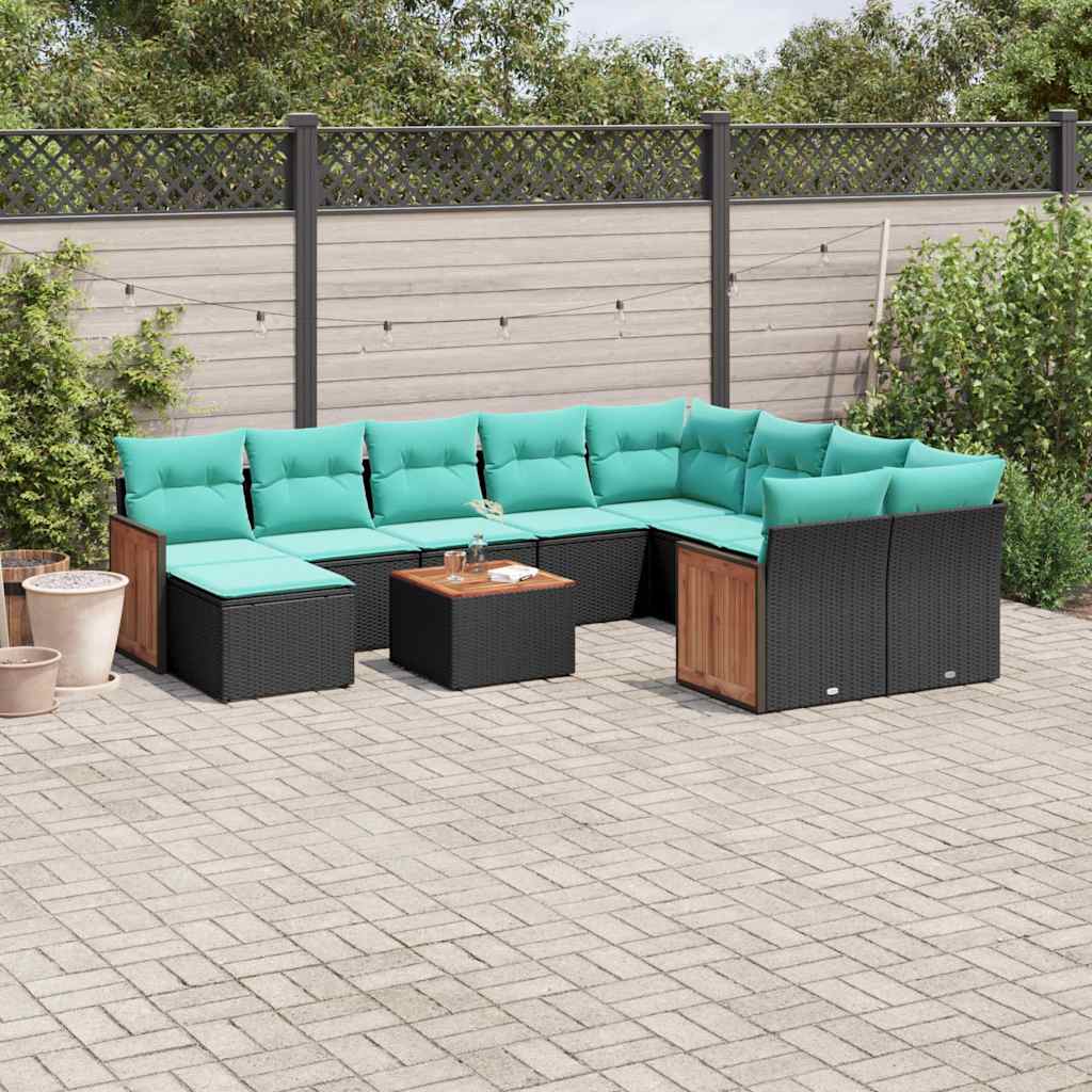 11-teiliges Gartensofa-Set mit Kissen, schwarzes Polyrattan