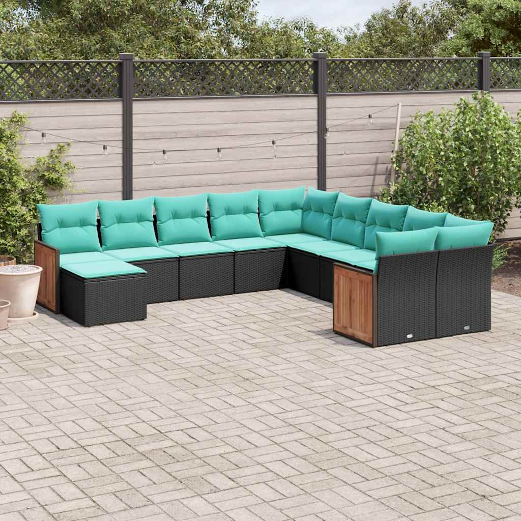 11-teiliges Gartensofa-Set mit Kissen, schwarzes Polyrattan