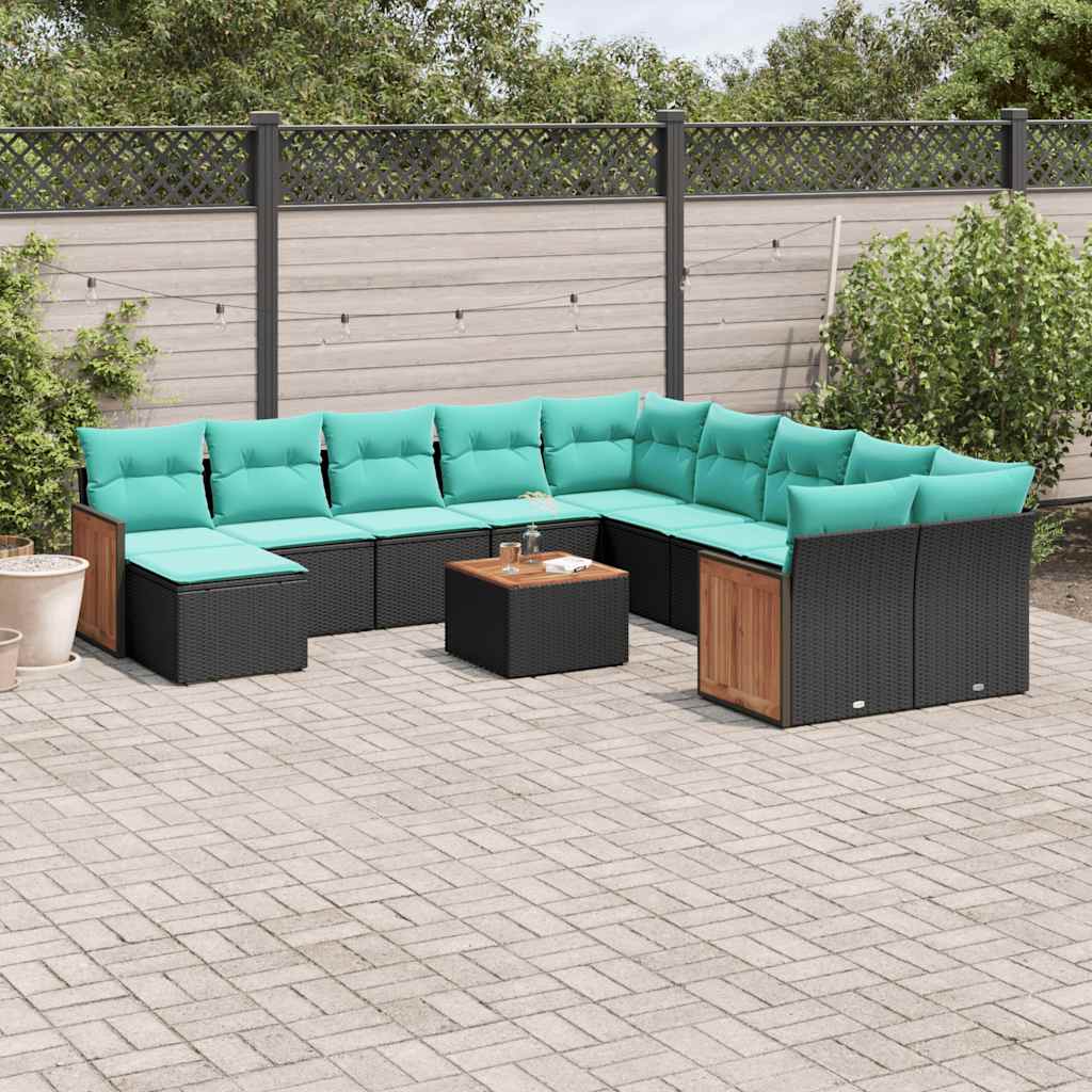 12-teiliges Gartensofa-Set mit Kissen, schwarzes Polyrattan