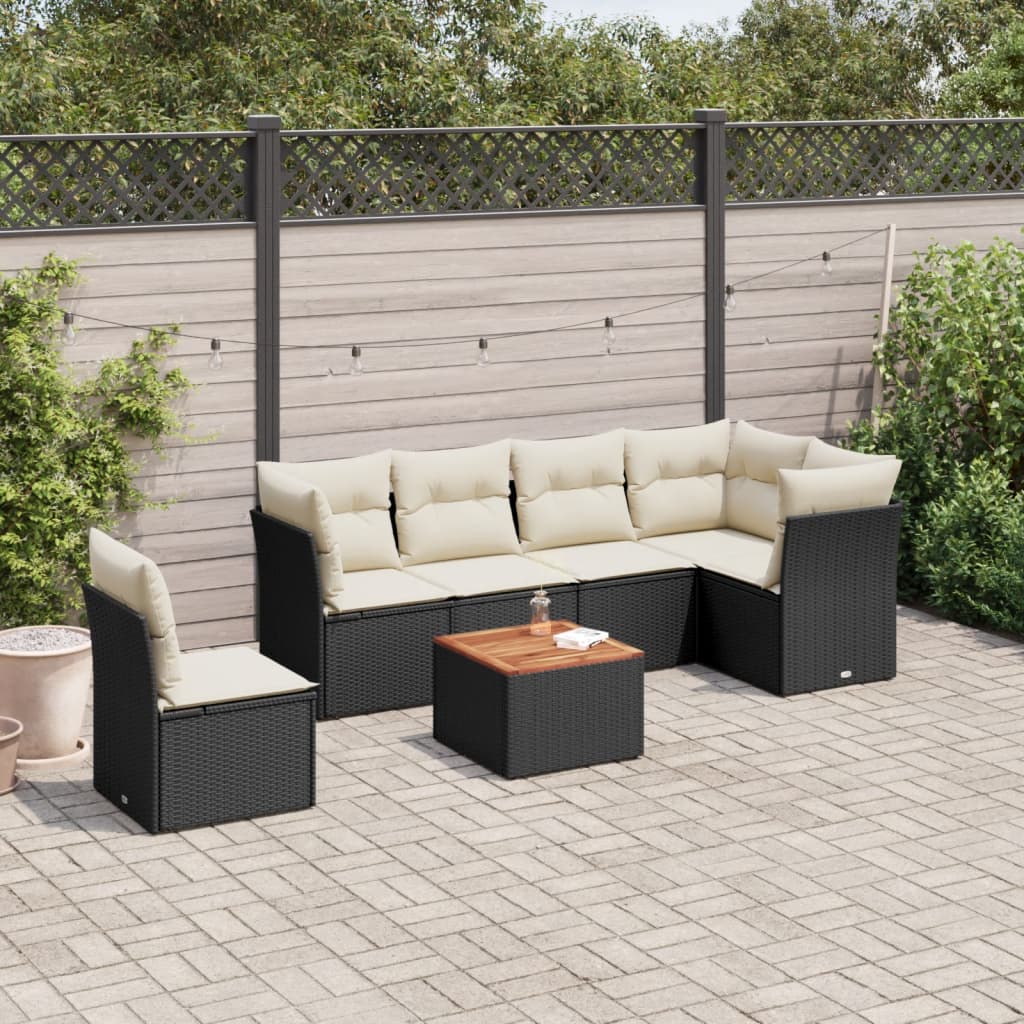 7-tlg. Garten-Sofagarnitur mit Kissen Schwarz Poly Rattan
