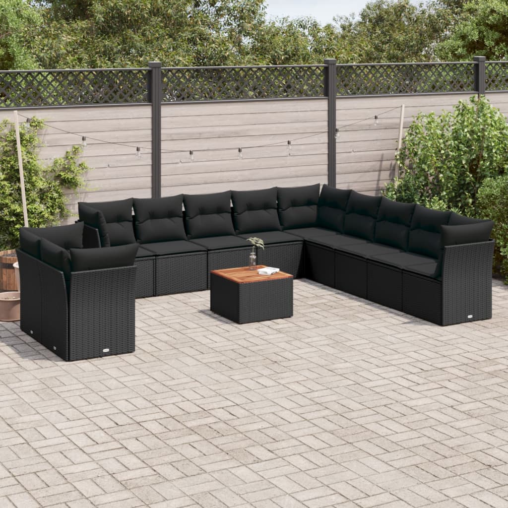 12-tlg. Garten-Sofagarnitur mit Kissen Schwarz Poly Rattan