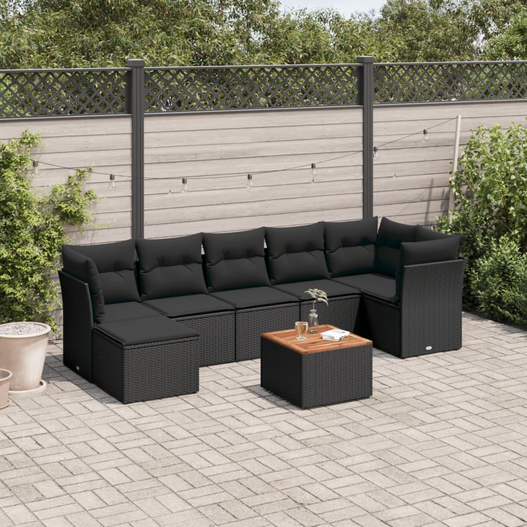 8-tlg. Garten-Sofagarnitur mit Kissen Schwarz Poly Rattan
