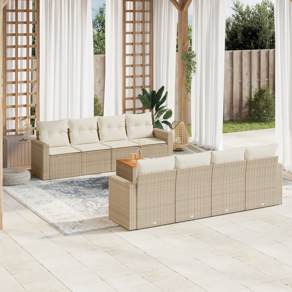 9-tlg. Garten-Sofagarnitur mit Kissen Beige Poly Rattan