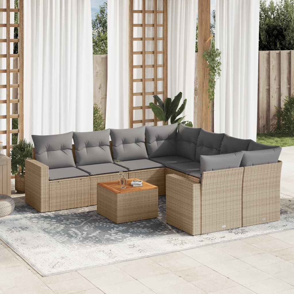 9-tlg. Garten-Sofagarnitur mit Kissen Beige Poly Rattan