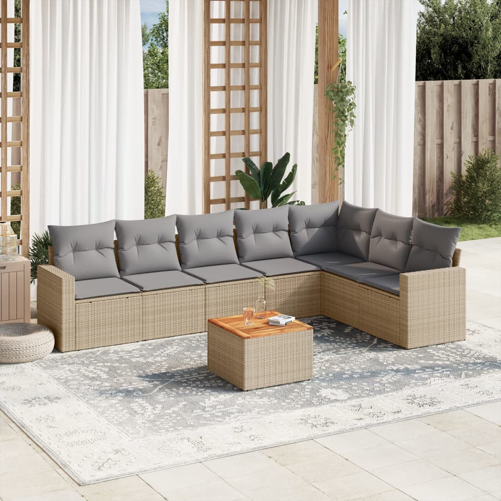 8-tlg. Garten-Sofagarnitur mit Kissen Beige Poly Rattan