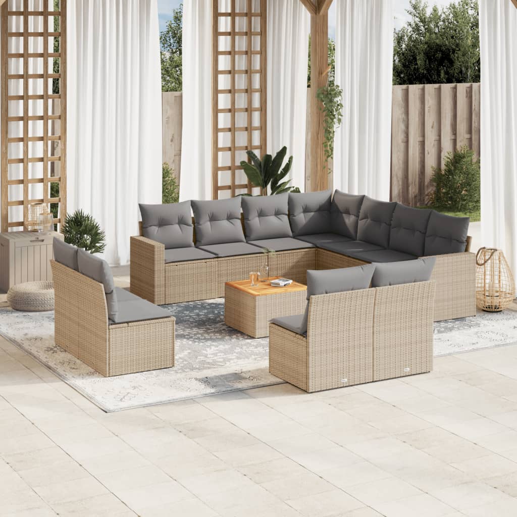 12-tlg. Garten-Sofagarnitur mit Kissen Beige Poly Rattan