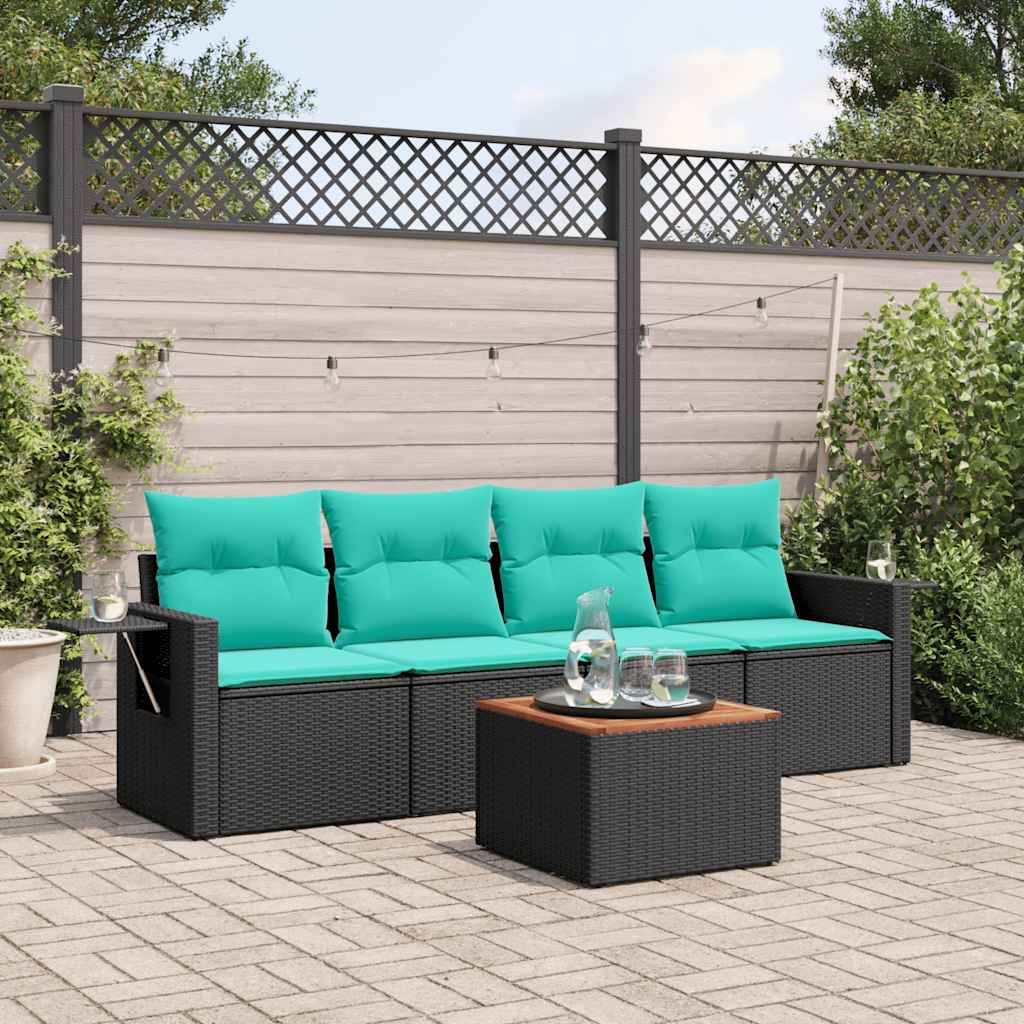 5-teiliges Gartensofa-Set mit Kissen, schwarzes Polyrattan