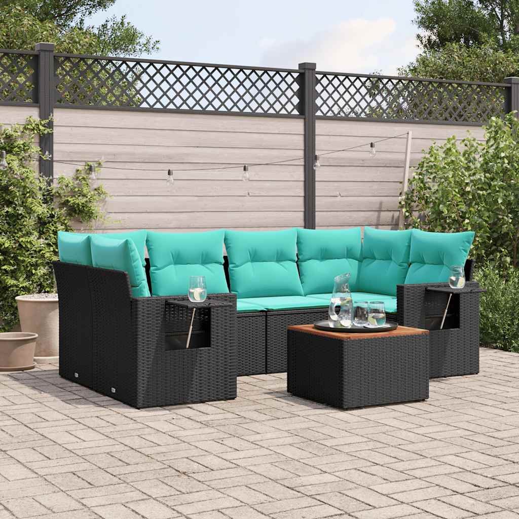 7-teiliges Gartensofa-Set mit Kissen, schwarzes Polyrattan