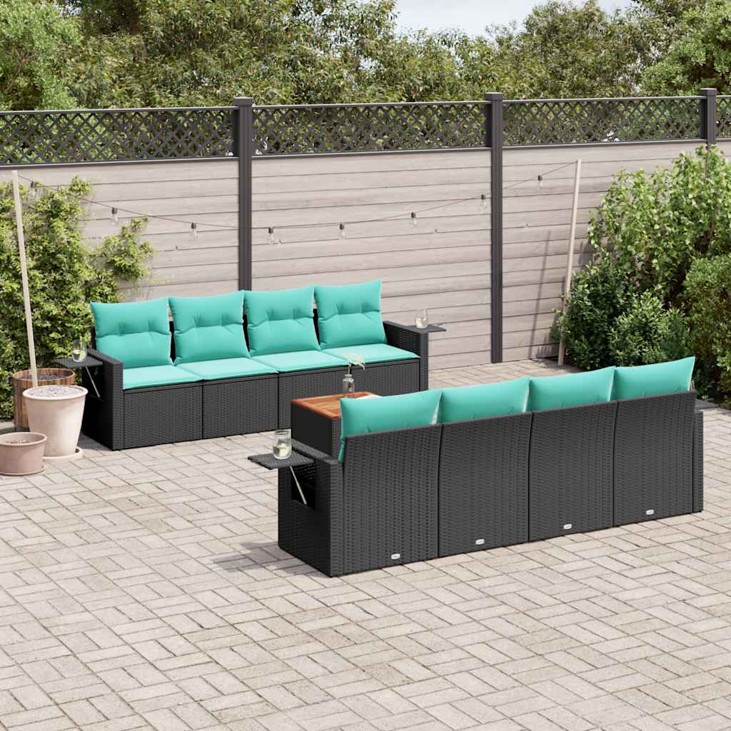 9-teiliges Gartensofa-Set mit Kissen, schwarzes Polyrattan