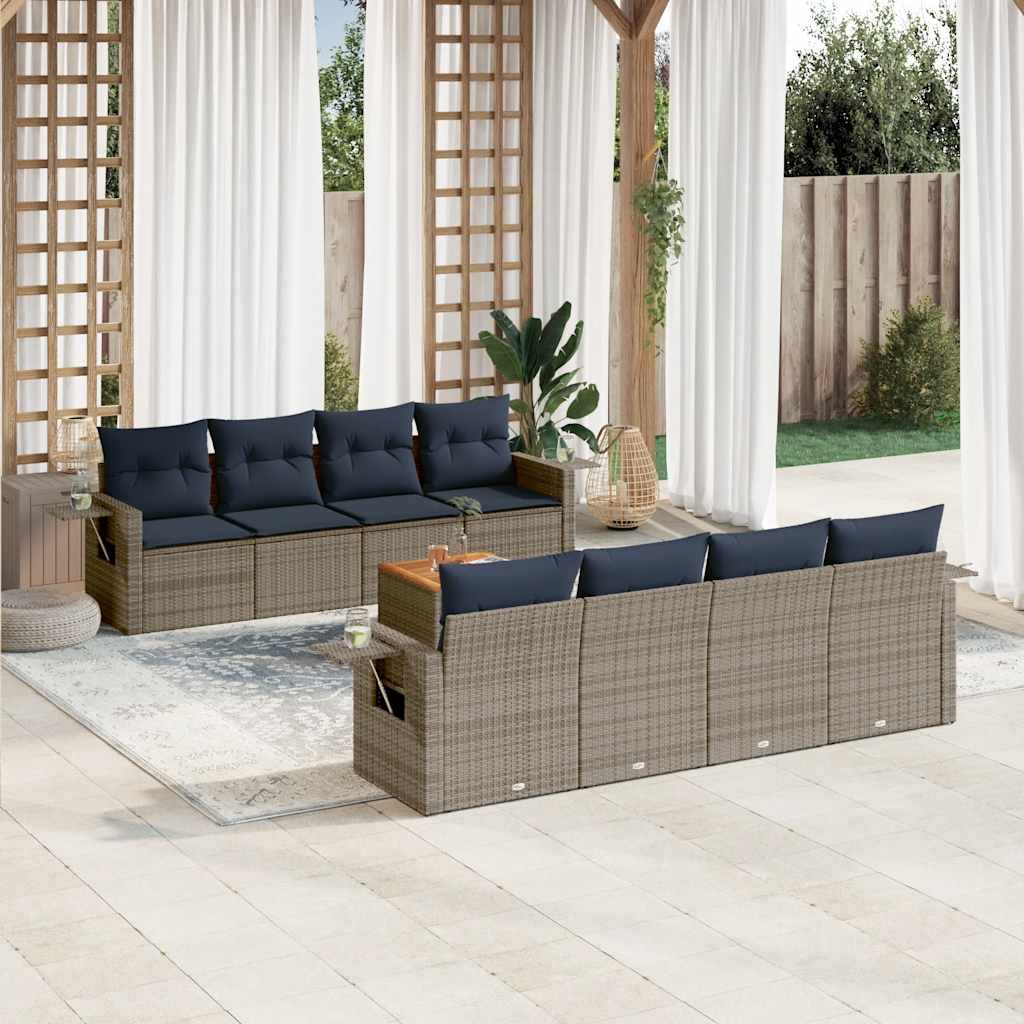 9-teiliges Gartensofa-Set mit Kissen, grau, Polyrattan