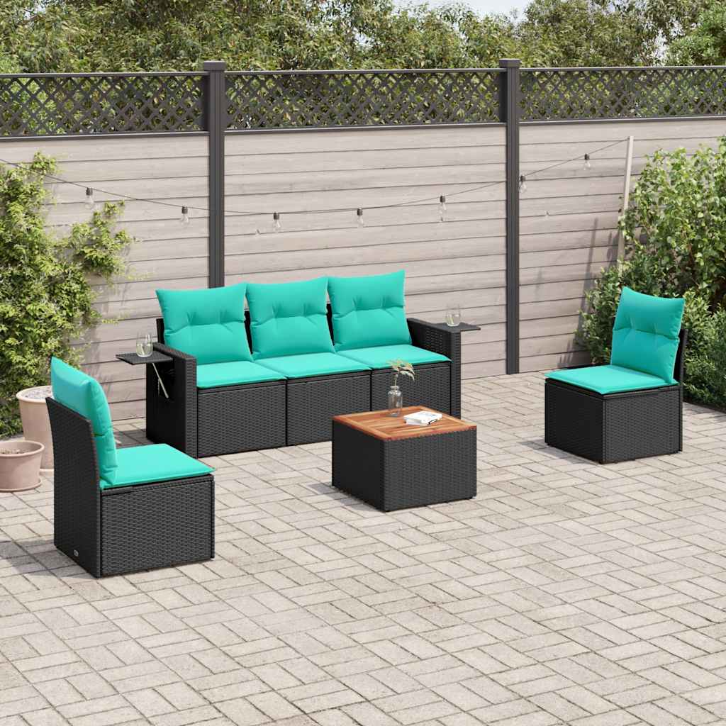 6-teiliges Gartensofa-Set mit Kissen, schwarzes Polyrattan