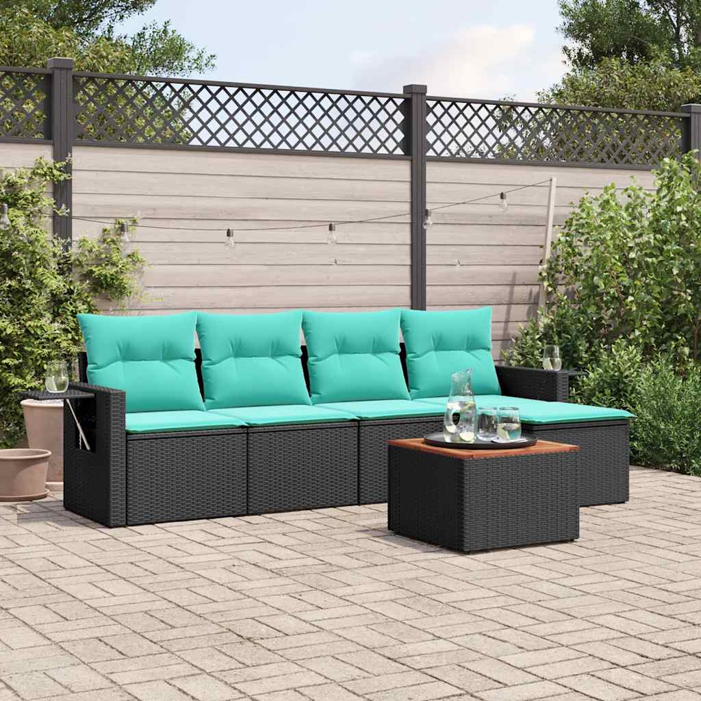 6-teiliges Gartensofa-Set mit Kissen, schwarzes Polyrattan