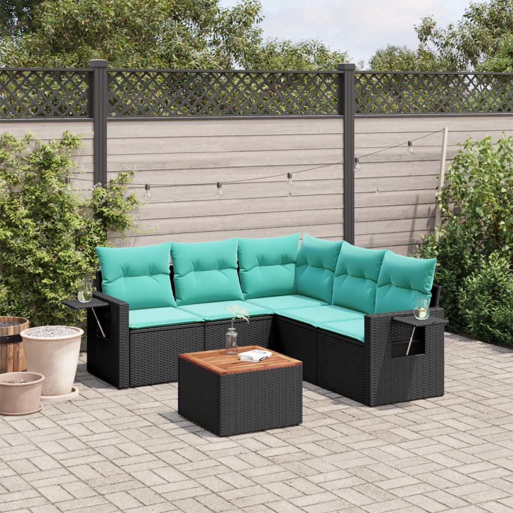6-teiliges Gartensofa-Set mit Kissen, schwarzes Polyrattan