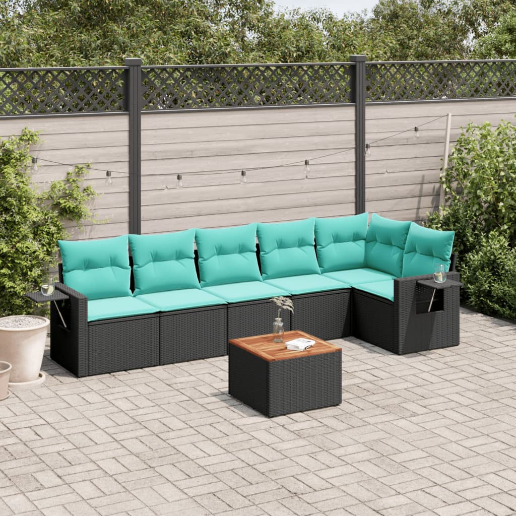 7-teiliges Gartensofa-Set mit Kissen, schwarzes Polyrattan
