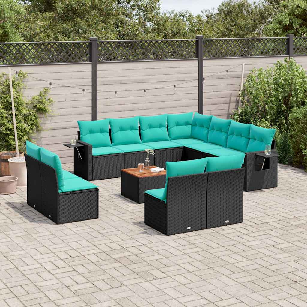 12-teiliges Gartensofa-Set mit Kissen, schwarzes Polyrattan