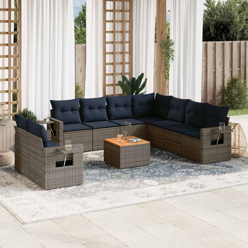 10-teiliges Gartensofa-Set mit Kissen, grau, Polyrattan