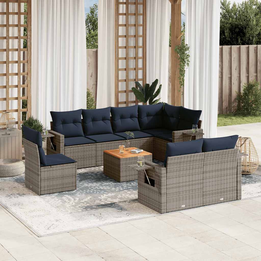 9-teiliges Gartensofa-Set mit Kissen, grau, Polyrattan