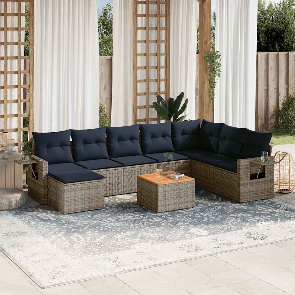 9-teiliges Gartensofa-Set mit Kissen, grau, Polyrattan