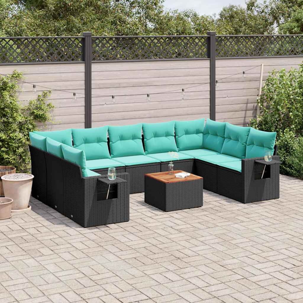 10-teiliges Gartensofa-Set mit Kissen, schwarzes Polyrattan