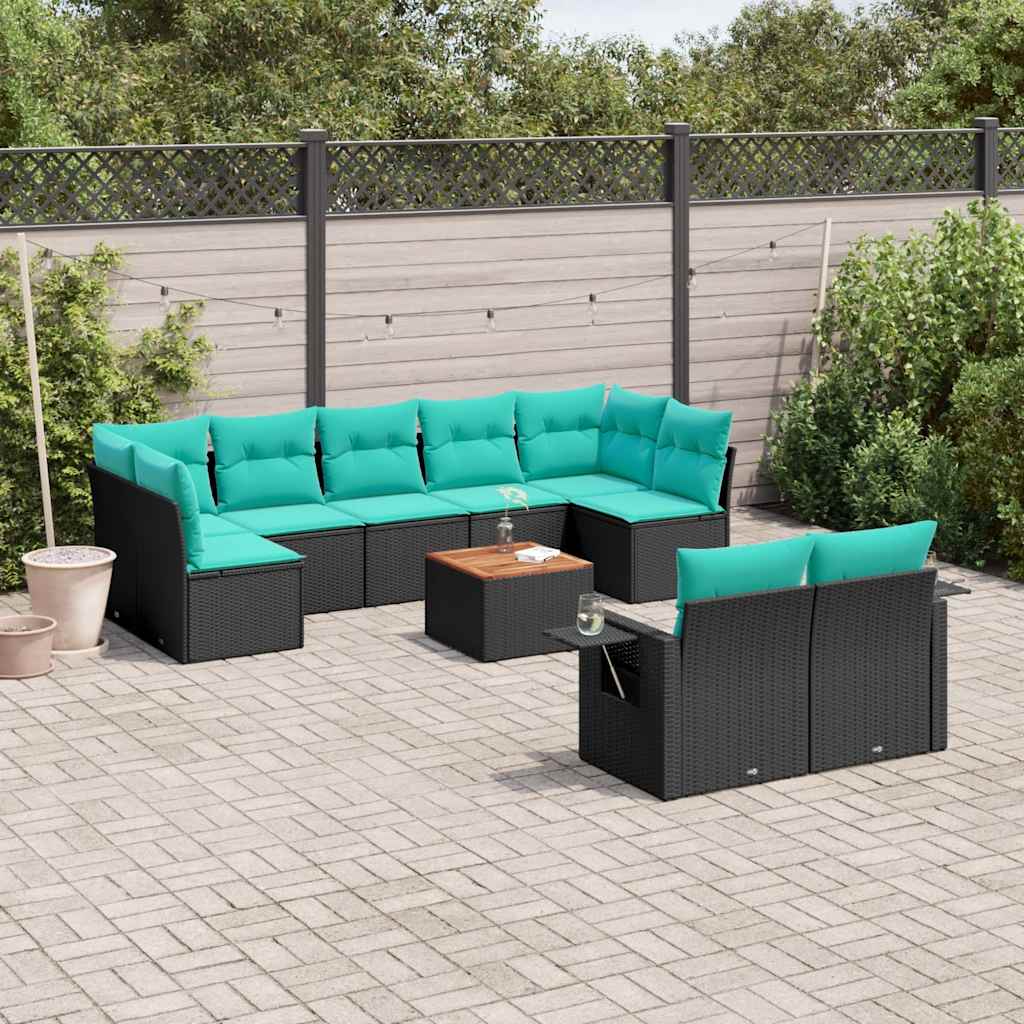 10-teiliges Gartensofa-Set mit Kissen, schwarzes Polyrattan