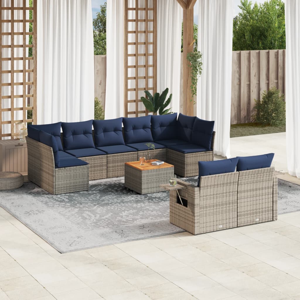 10-teiliges Gartensofa-Set mit Kissen, grau, Polyrattan