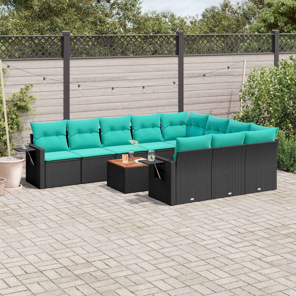 11-teiliges Gartensofa-Set mit Kissen, schwarzes Polyrattan