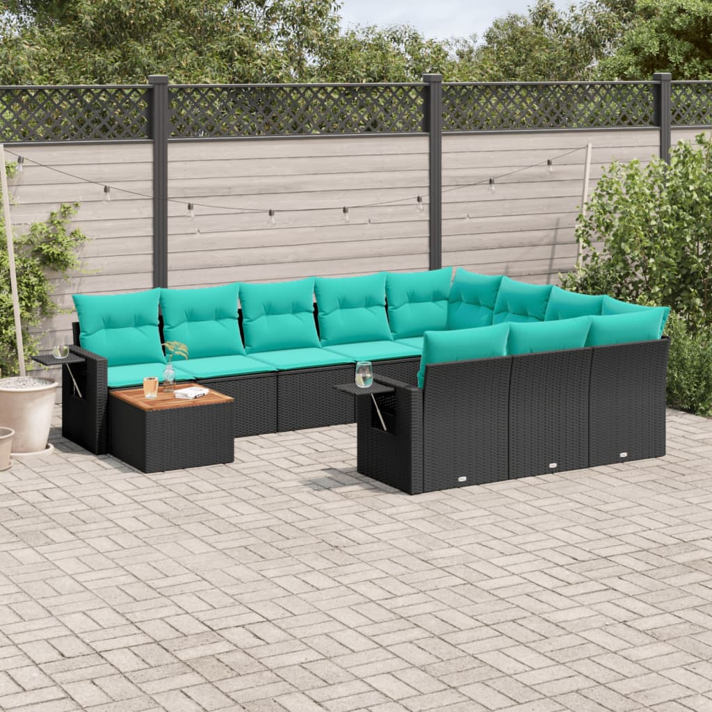 11-teiliges Gartensofa-Set mit Kissen, schwarzes Polyrattan